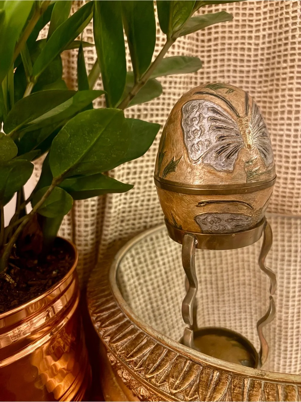 Vintage Brass Butterfly Cloisonné Decorative Egg Trinket Box